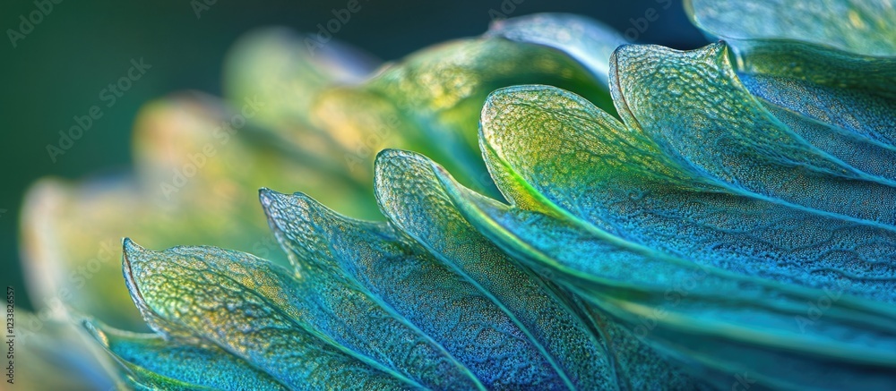 Poster colorful macro close-up of textured leaves or plant elements in green and blue hues with smooth grad