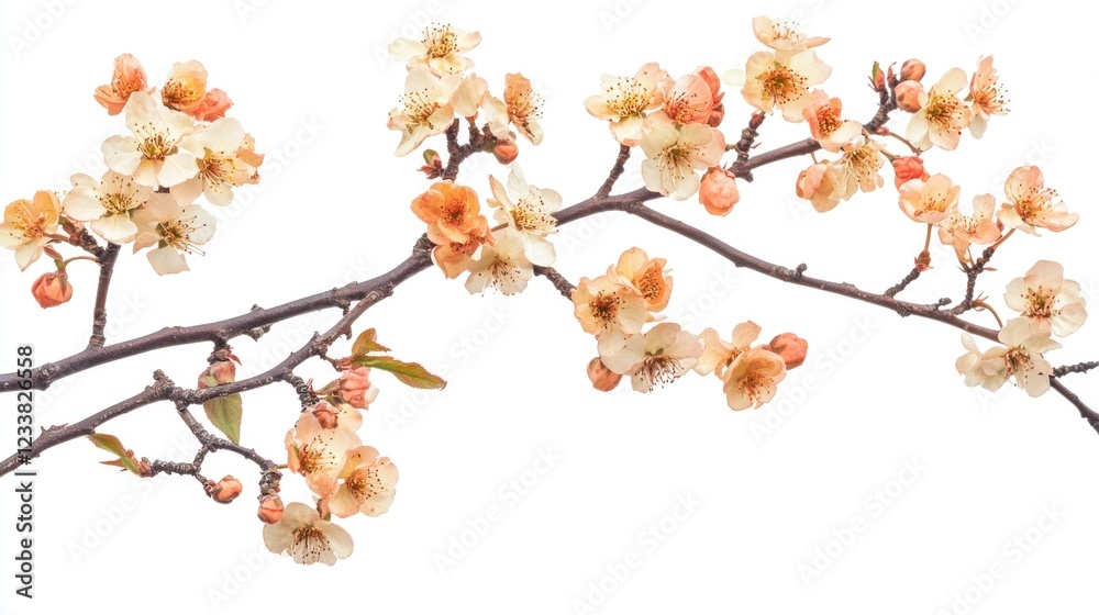 Poster cherry blossom branch with soft beige flowers and buds on white background, featuring copy space for