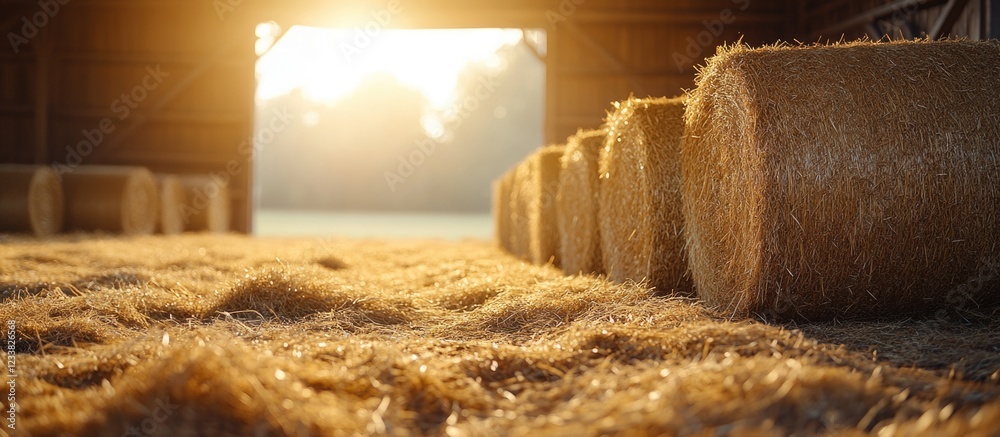 Poster sunset view of hay bales inside a barn with golden sunlight illuminating the entrance and soft straw