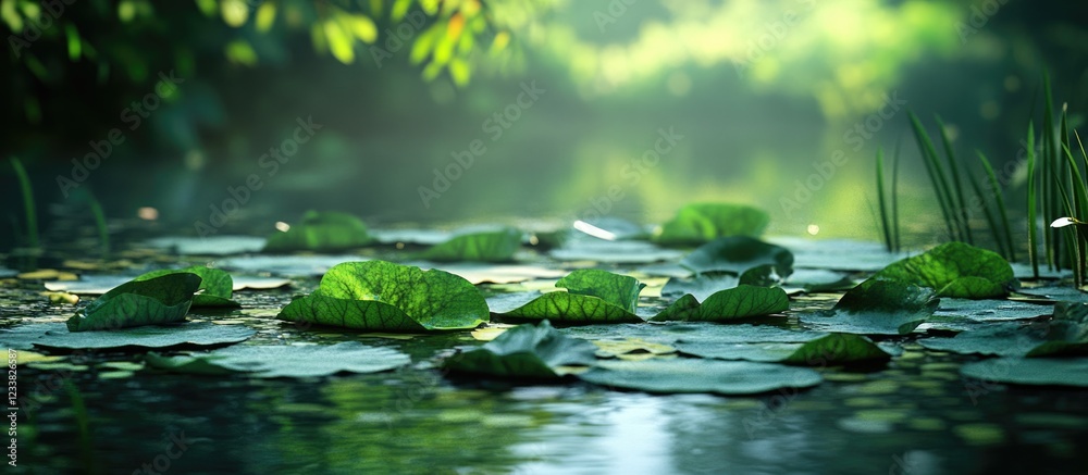 Poster Lily pads floating on calm water surface in a serene pond environment with soft natural lighting and blurred greenery in the background Copy Space