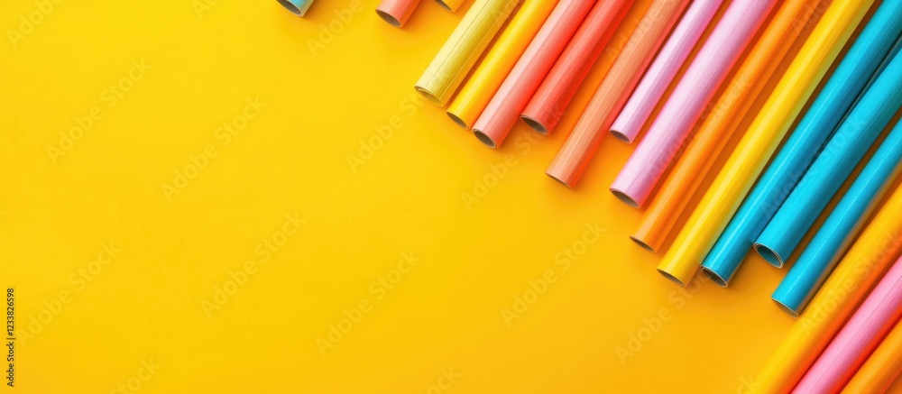 Poster colorful rolled papers on bright yellow background with copy space for text placement.