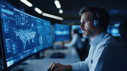 focused man in headset works at futuristic control center with multiple screens displaying data and maps