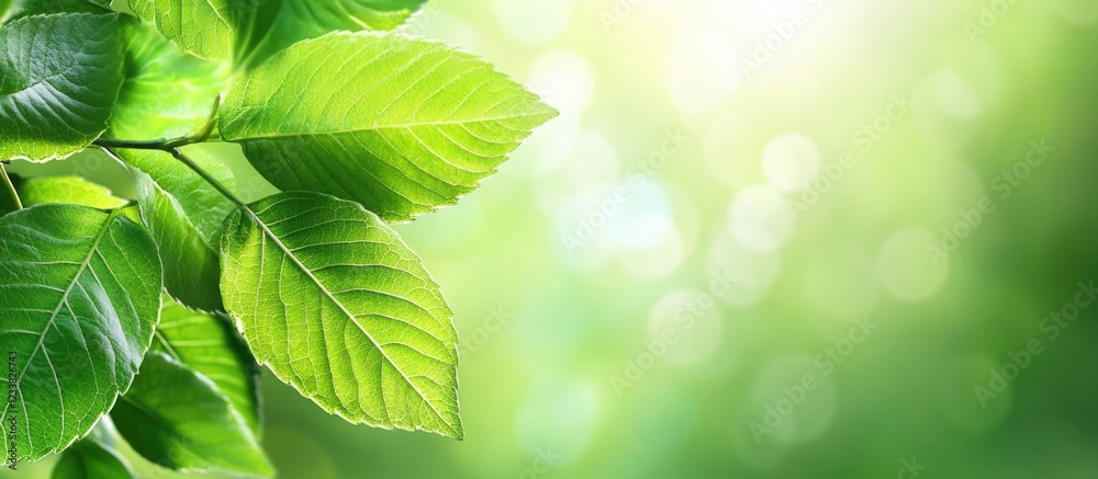Poster fresh green leaves with sunlight creating a soft bokeh background and ample copy space for text plac