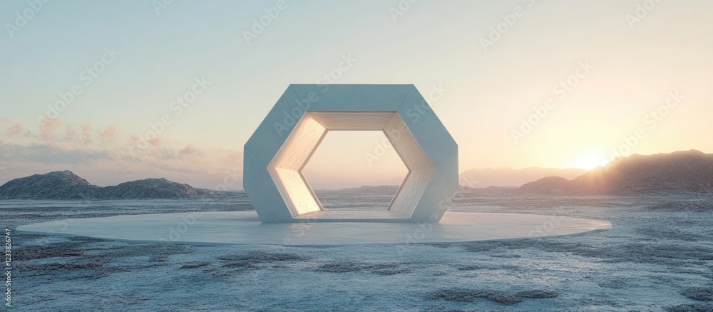 Poster futuristic hexagonal arch sculpture on a barren landscape with sunset background and soft clouds cop