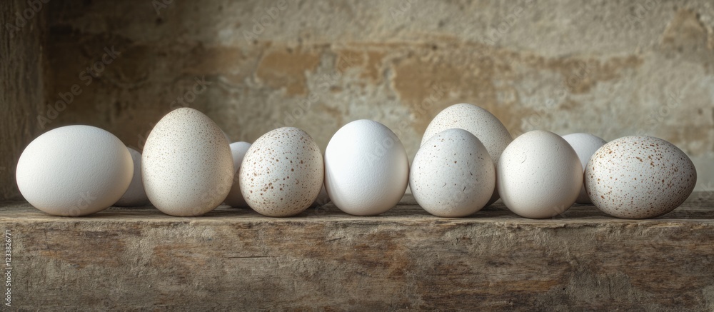Poster Variety of White Eggs of Different Sizes Arranged on Wooden Surface with Rough Textured Background Copy Space