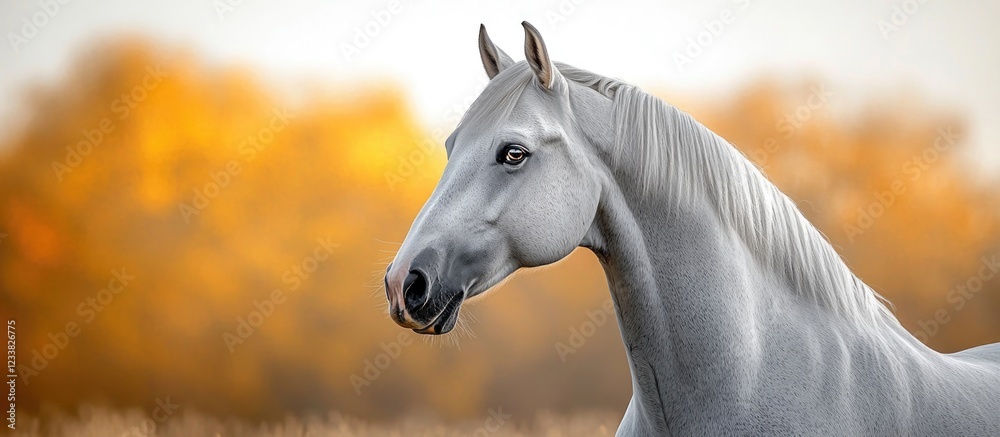 Poster white horse in profile with blurred autumn background - copy space