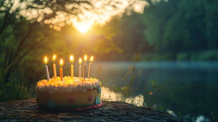 Birthday cake with candles on a log near a river at sunset in nature with soft lighting and Copy Space for text