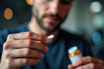 A focused man examining a white pill while holding a supplement bottle, showcasing the importance of nutrition and well-being in daily life