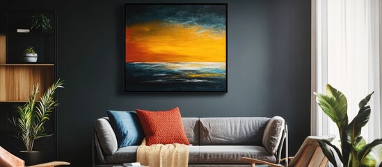 Modern living room with abstract landscape painting on dark wall, cozy sofa with cushions, indoor plants, and natural light through windows, Copy Space