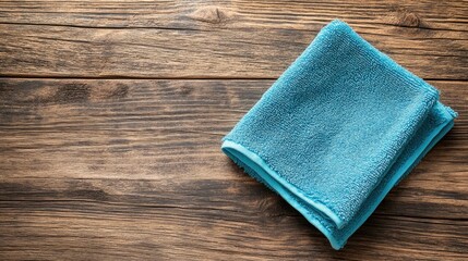 Blue microfiber cleaning cloth on rustic wooden surface with copy space for text or design.