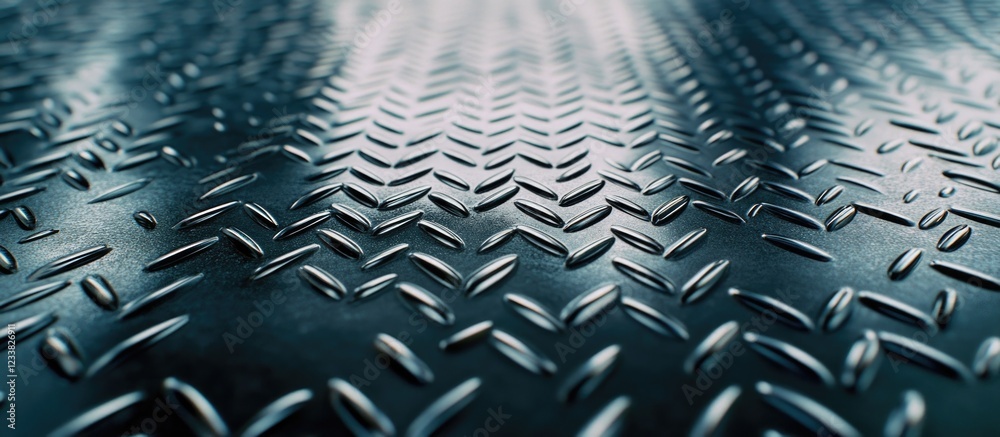 Poster Metal texture with diamond plate surface pattern reflecting light and shadows in industrial setting Copy Space