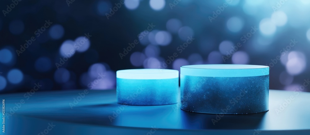 Poster Abstract arrangement of illuminated blue circular shapes on a dark reflective surface with a blurred glowing background Copy Space