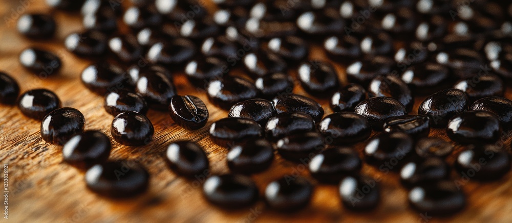 Poster Black beans scattered on a wooden surface with selective focus and Copy Space for text overlay.