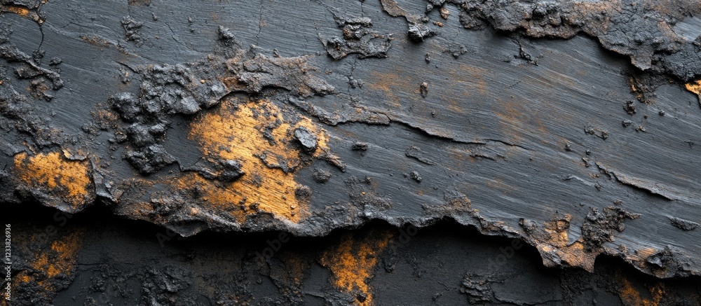 Aufkleber Close-up of weathered metal surface with rust, peeling paint, and textured layers in dark tones, Copy Space available for text.