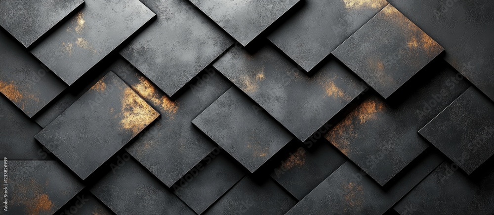 Poster Textured dark slate tiles with golden accents arranged in a geometric pattern and copy space for text.