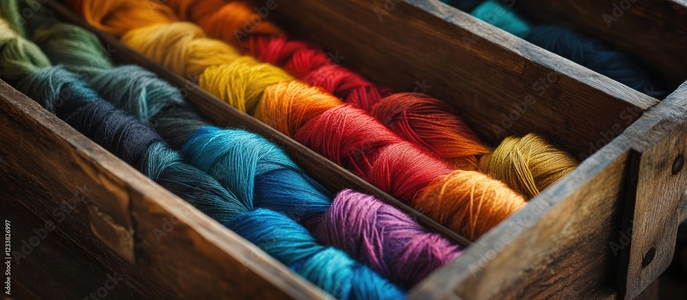 Poster Colorful skeins of yarn neatly arranged in a wooden box with ample Copy Space for text placement.