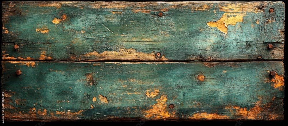 Poster weathered wooden texture background with teal paint and rustic details copy space