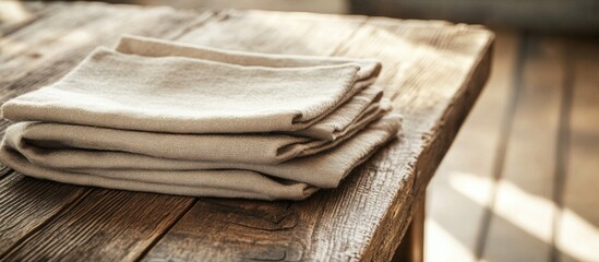 Folded linen cloths on rustic wooden table with Copy Space for text placement