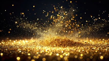 Obraz premium Sparkling gold glitter powder splashing on a dark black background with a subtle sheen effect, creating a mesmerizing visual impact , black background, shine