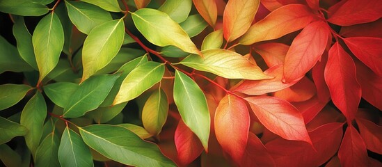 Colorful autumn leaves background with vibrant green, yellow, orange, and red foliage texture and copy space for text.