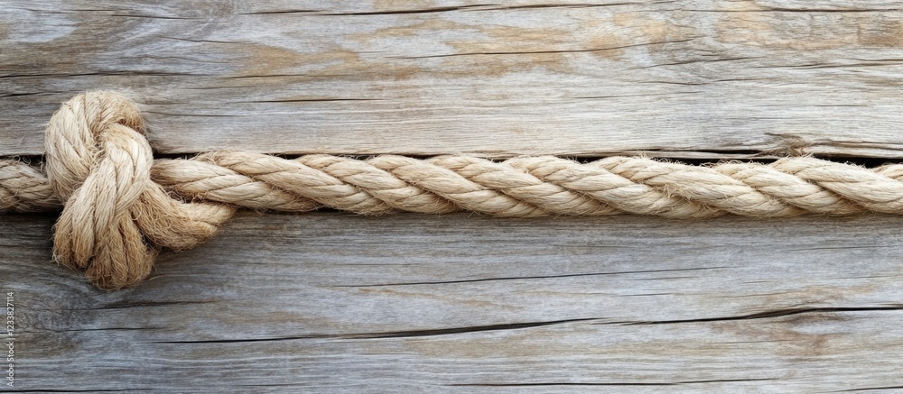 Poster close-up of a natural fiber rope knot on a weathered wooden surface with copy space for text placeme