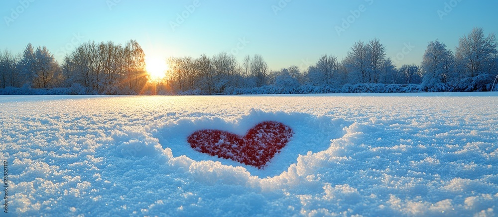 Aufkleber heart shape in snow with sunset in background and frost covered trees, winter landscape with copy sp