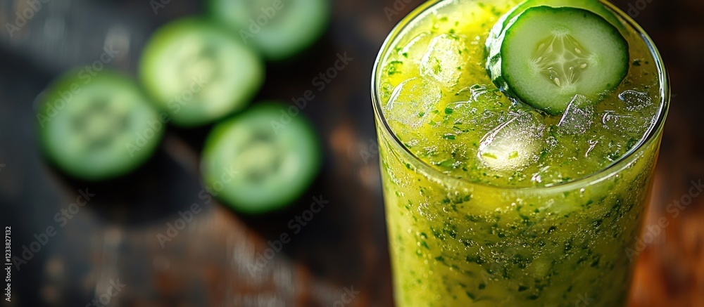 Poster Fresh cucumber and herb smoothie in a glass with cucumber slices on wooden background Copy Space