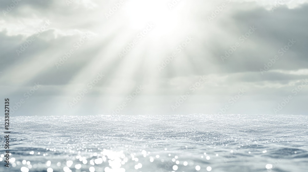 Aufkleber calm ocean surface with sunlight rays breaking through clouds and reflections on water copy space