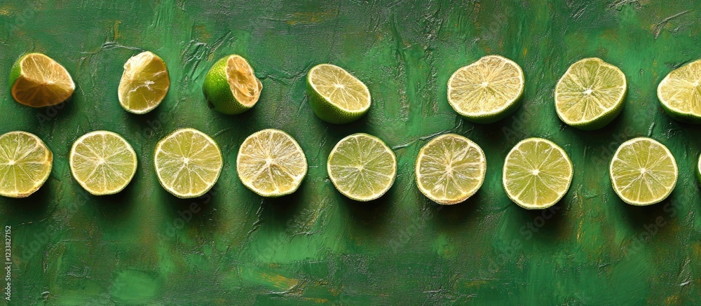 Poster Sliced lime halves arranged in a row on a green textured background with ample Copy Space for text placement