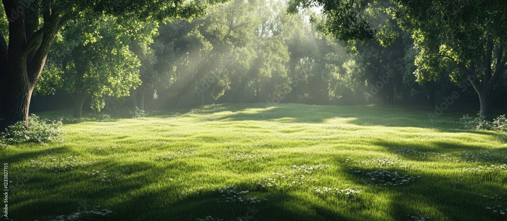 Poster Sunlit grassy meadow surrounded by trees with dappled sunlight filtering through leaves and soft shadows on the ground Copy Space
