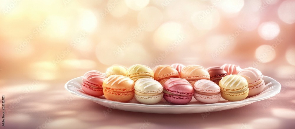 Poster colorful macarons arranged on a white plate with a soft bokeh background and ample copy space for te