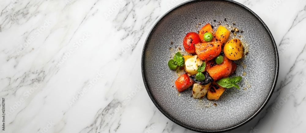 Aufkleber colorful roasted vegetables with herbs presented in a textured bowl on a marble countertop with copy