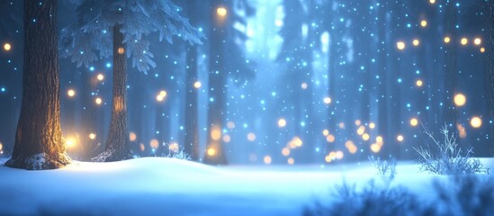 Winter forest scene with snow-covered ground and glowing lights among trees, soft blue tones, Copy Space for text.