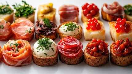 Assorted appetizers with cured meats and spreads on toasted bread arranged in an appealing top view composition on a light background