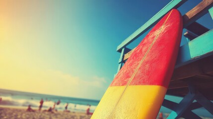 Vibrant Surfboard by Lifeguard Tower on Sunny Beach Day