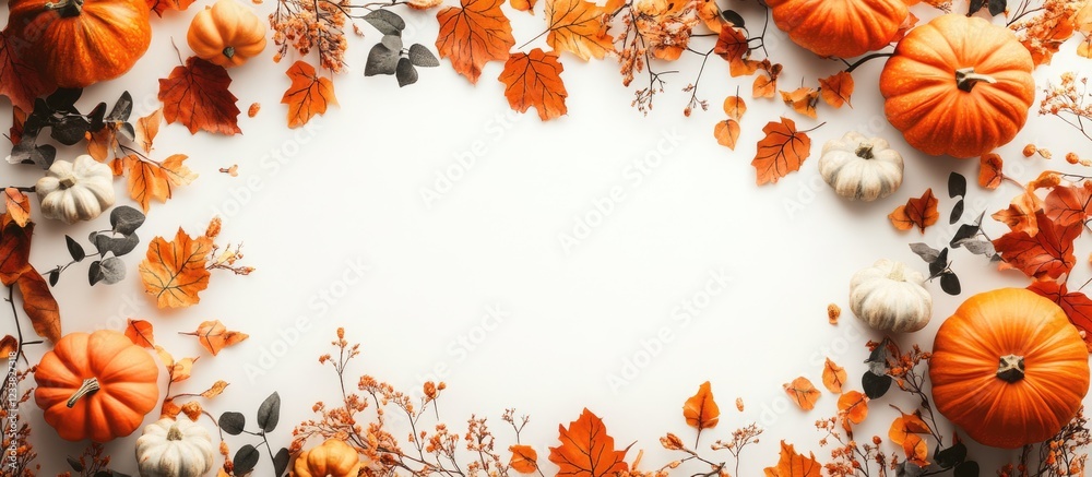 Poster autumn leaves and pumpkins arranged in a frame on a white background with copy space for text or gra