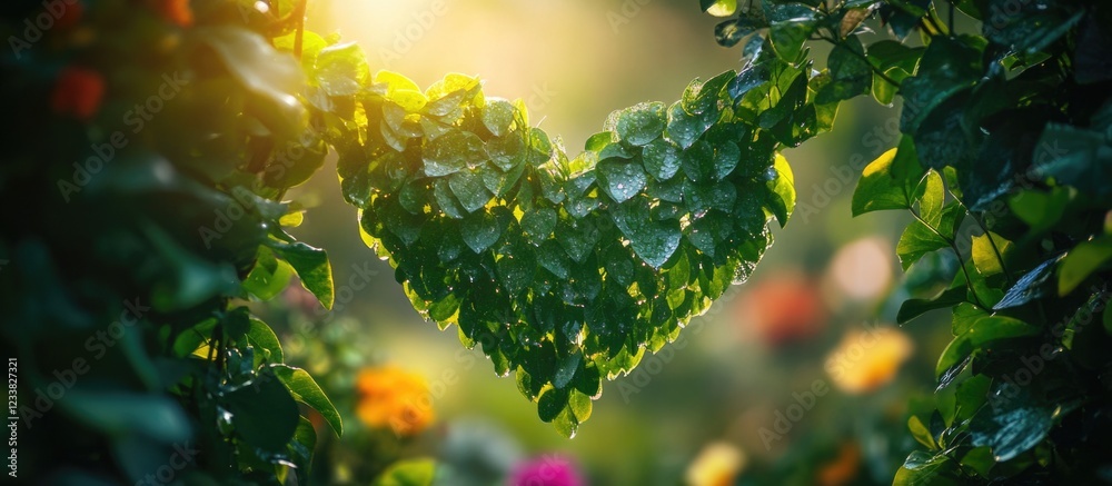 Poster heart-shaped foliage frame with blurred colorful flowers and sunlight in the background copy space