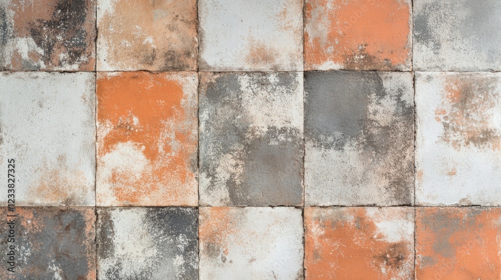 Poster vintage distressed ceramic tile background in earthy tones with textured surface and copy space read