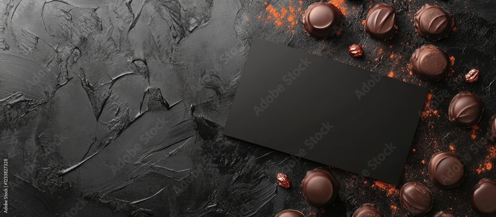 Poster chocolate pralines and a blank rectangular card on a dark textured background with copy space for te