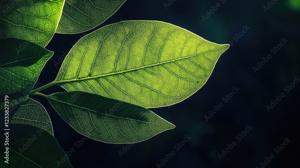 Aufkleber green leaves with intricate veins illuminated against a dark background featuring copy space for tex