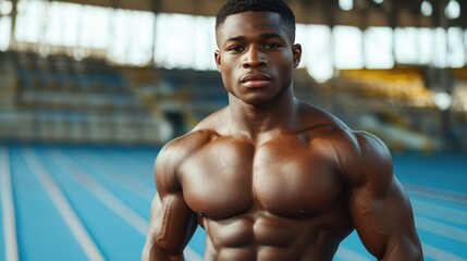 Athletic Young African American Male Bodybuilder Showcasing Strength and Confidence in a Stadium Setting Embracing a Healthy Lifestyle
