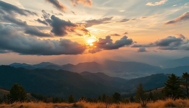 Majestic Mountain Sunset: Golden Hour Landscape Panorama