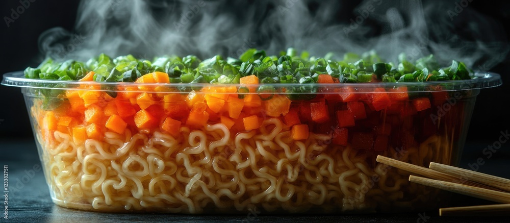 Poster Steaming bowl of ramen noodles topped with fresh diced vegetables in a clear container with wooden chopsticks on a dark background Copy Space