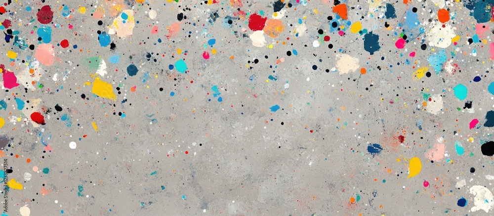 Fototapete colorful paint splatters on a textured gray background with ample copy space for text placement