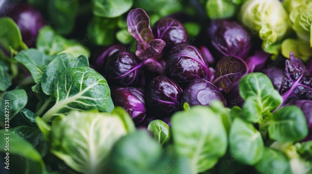 Poster fresh assortment of purple and green leafy vegetables with copy space for text placement