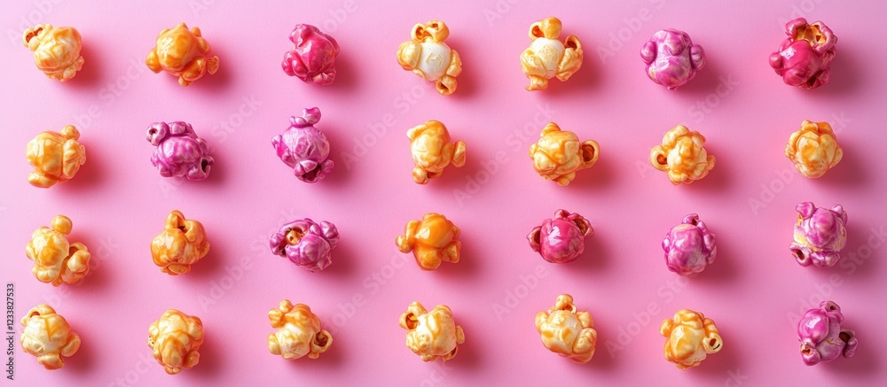 Aufkleber Colorful popcorn arranged neatly on pink background with copy space for text display.