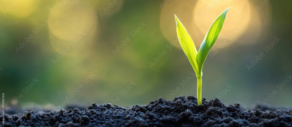 Poster green seedling emerging from dark soil with blurred background and natural lighting copy space