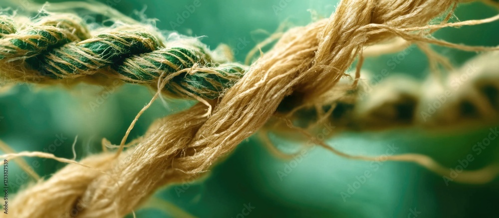 Aufkleber Close-up of intertwined natural jute ropes with a blurred green background and ample copy space for text placement