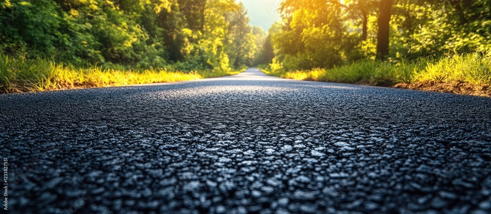 Poster Asphalt road leading through a green forest during golden hour with sunlight filtering through trees and copy space on the left side