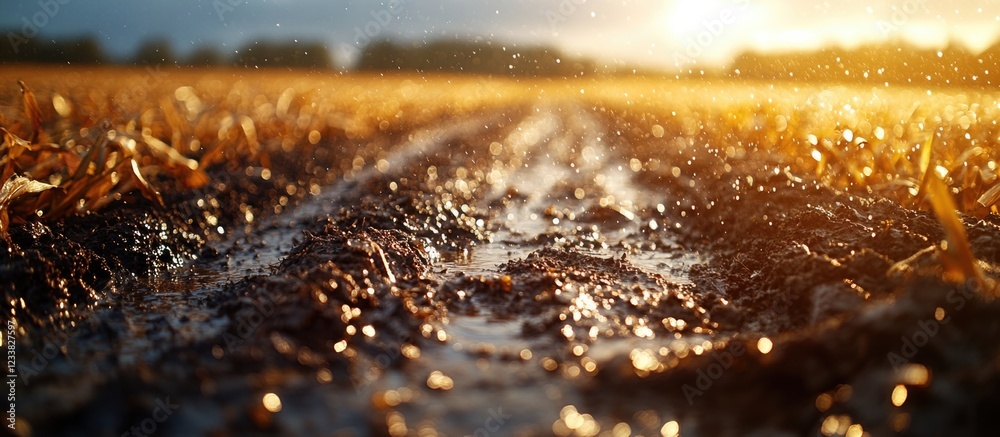Poster mud tracks on wet soil with sunlight shining in the background over a rural landscape copy space